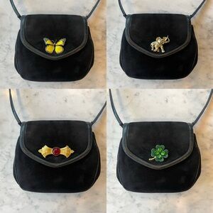 I.Magnin Suede Xbody Bag, personalized for you with your choice of brooch, Med